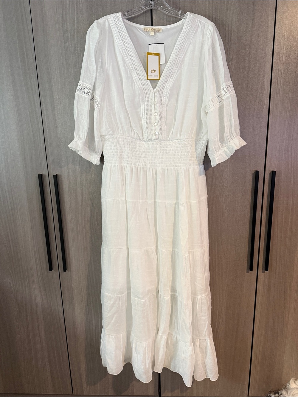Kings Road White Lace Detail Tiered Boho Maxi Dress Size Large NWT